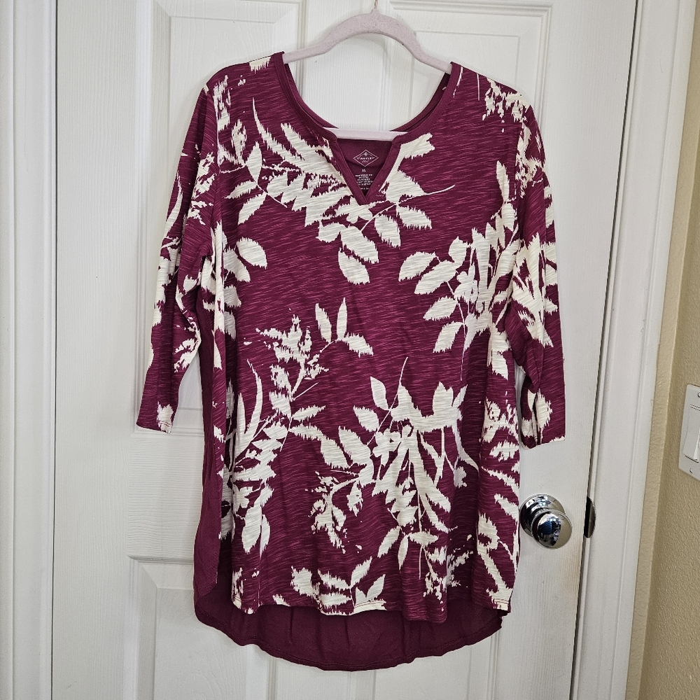 St. John's Bay XL Burgundy Leaf Print Mixed Media 3/4 Sleeve Notch Neck Top